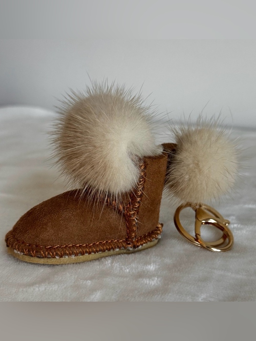 Brown Suede Boot Bag Charm with Fur Pom Poms